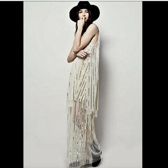 Free People ivory Mesh GoldSequin Skirt WidePant M - Picture 3 of 7